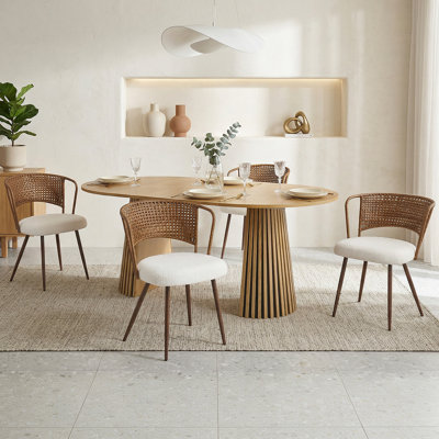 Table de salle à manger extensible en bois massif + 4 chaises de salle à manger en osier brun foncé