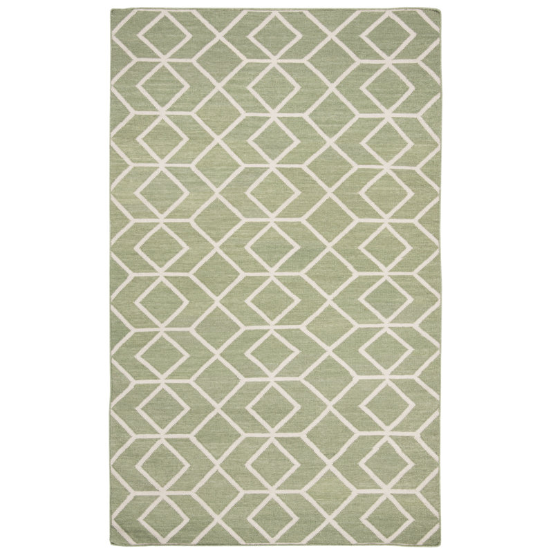 Rodgers Hand Woven Flat Weave Wool/Cotton Geometric Rug in Sage/Ivory, Rectangle 3' x 5'