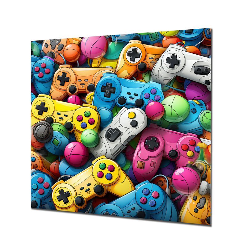 «Colorful Gaming Controllers PS», art mural en métal de jeux vidéo, H 16 po x l 16 po