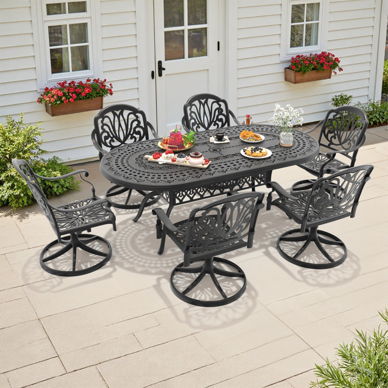 7-Piece Ovsl Cast Aluminum Outdoor Patio Dining Set with Swivel Chairs & Brown Cushions & Umbrella Hole