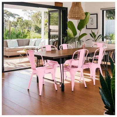 Set of 4 High Gloss Pink Industrial Metal Dining Chairs