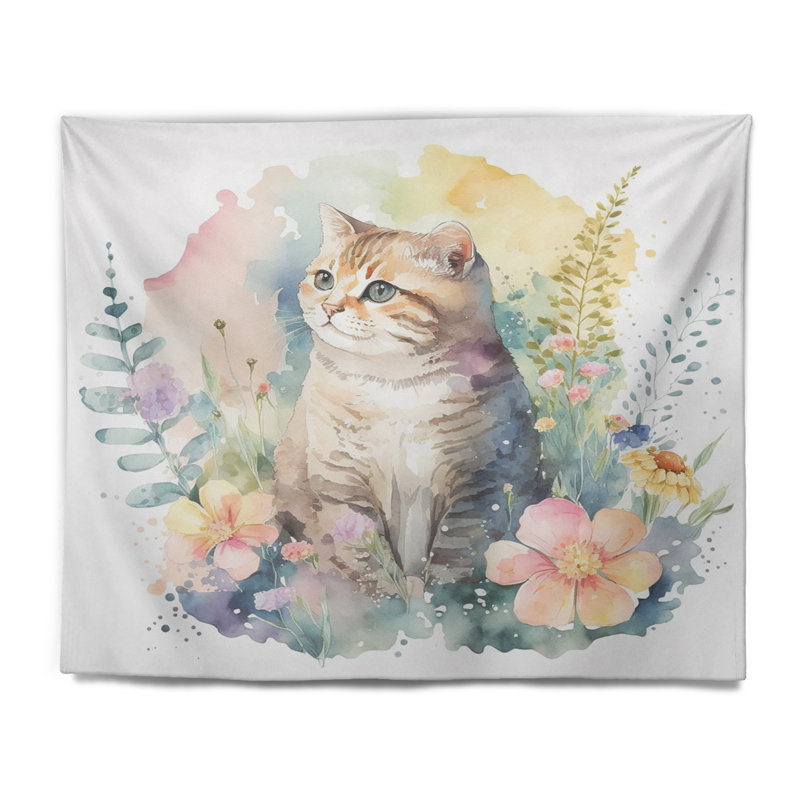 Petit chaton en polyester entouré de fleurs colorées et d'une tapisserie avec des punaises, H 50 po x l 60 po