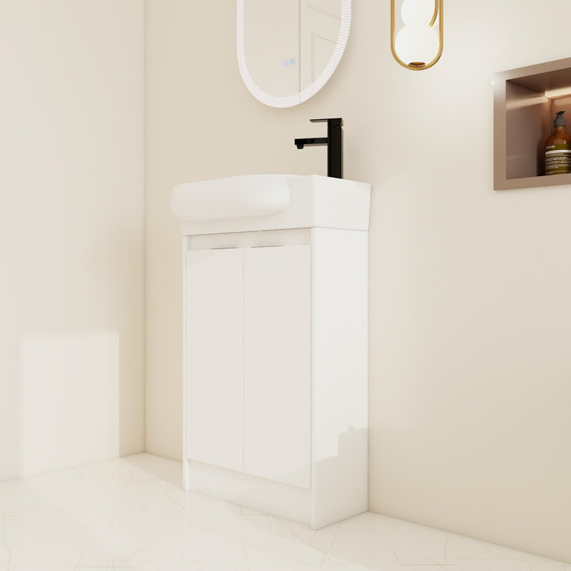 23" Freestanding Single Bathroom Vanity with Ceramic Top，Floor Standing Vanity with 2 Soft Close Doors and 1 Adjustable Shelf