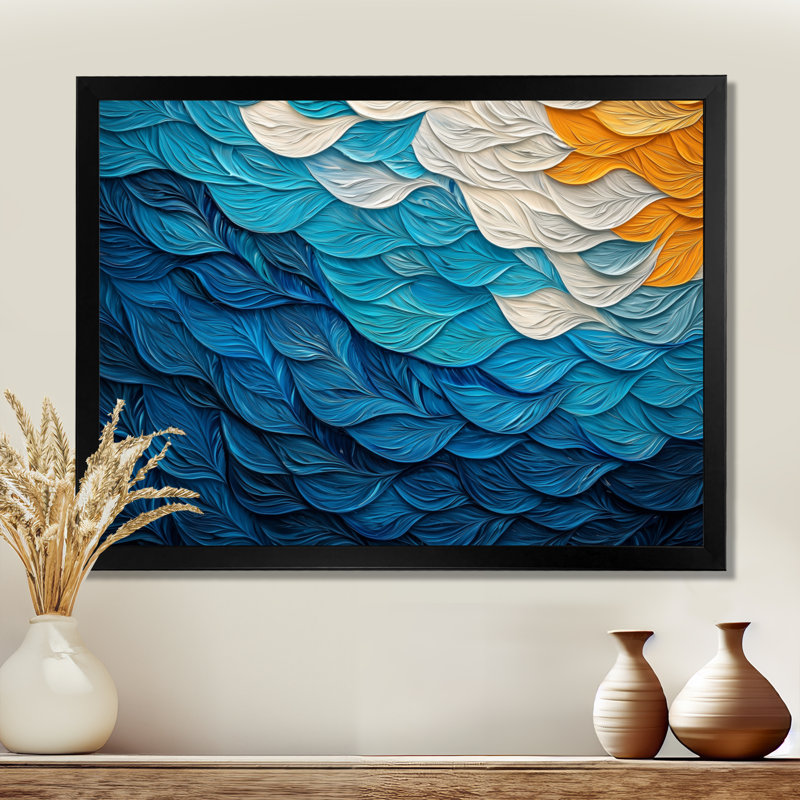 «Botanical Leaves Harmony Into The Ocean II» - feuilles, art mural, H 30 po x l 40 po, Cadre simple, Noir