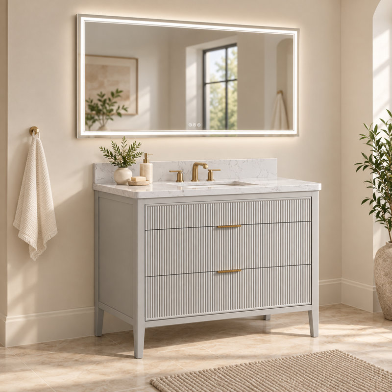 Meuble-lavabo sur pied gris mat de 91 cm (36 po) avec lavabo intégré et miroir de courtoisie à DEL de 102 x 213 cm (40 x 84 po).
