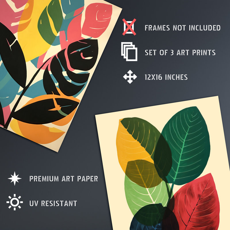Abstract Leaf Artworks Colourful Boho Leaves - 3 Piece No Frame Print Set, 40.5cm H x 30.5cm W x 0.3cm D
