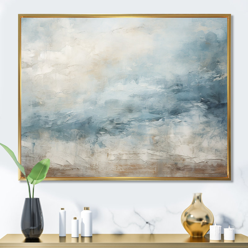«Beige Blue Ocean Storm I», reproduction d'art sur toile, formes abstraites, H 16 po x l 32 po x P 1 po, Cadre flottant doré