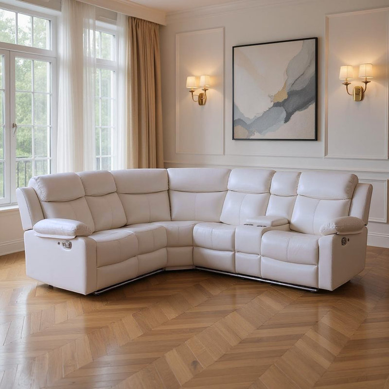 Canapé modulaire inclinable courbé en similicuir six pièces avec DEL et console