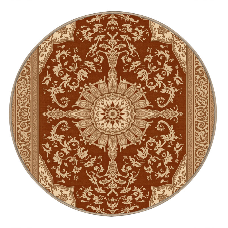 Tapis oriental doux et moelleux de style oriental orné en brun - reliure beige, Rond 3 pi