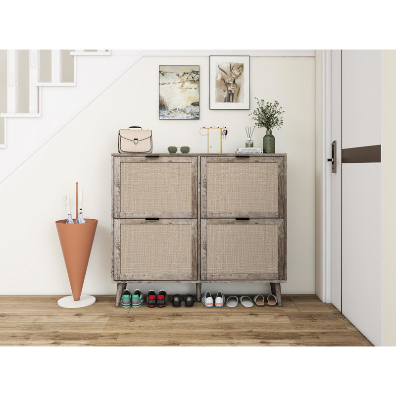 Range-chaussures 4 portes pour hall d'entrée, gris foncé, 88 lb, conçu, double couche, barre horizontale et support de rangement, rangement moderne autoportant, capacité, configuration double couche, barre pour un soutien ferme