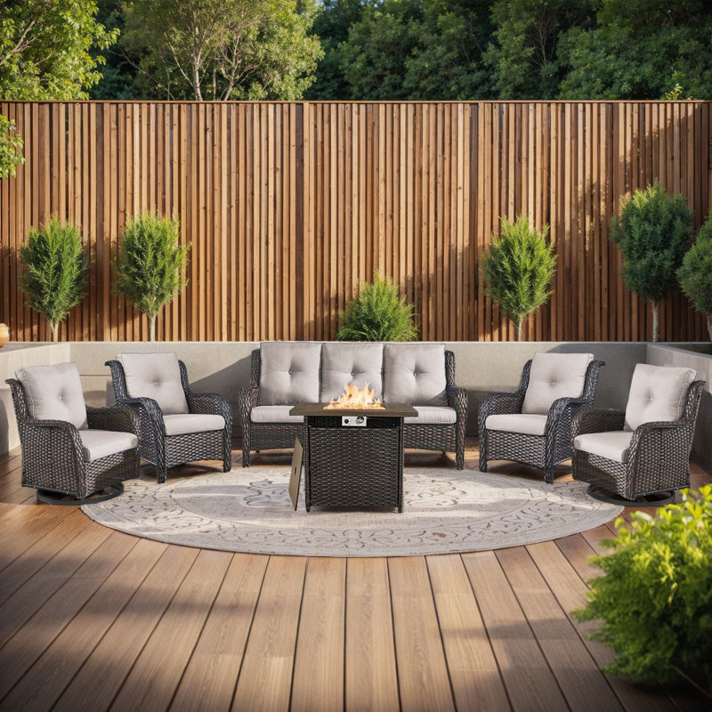 Ensemble de meubles de patio en osier 6 pièces avec chaises en rotin, foyer et canapé Wendye, Brun, Beige