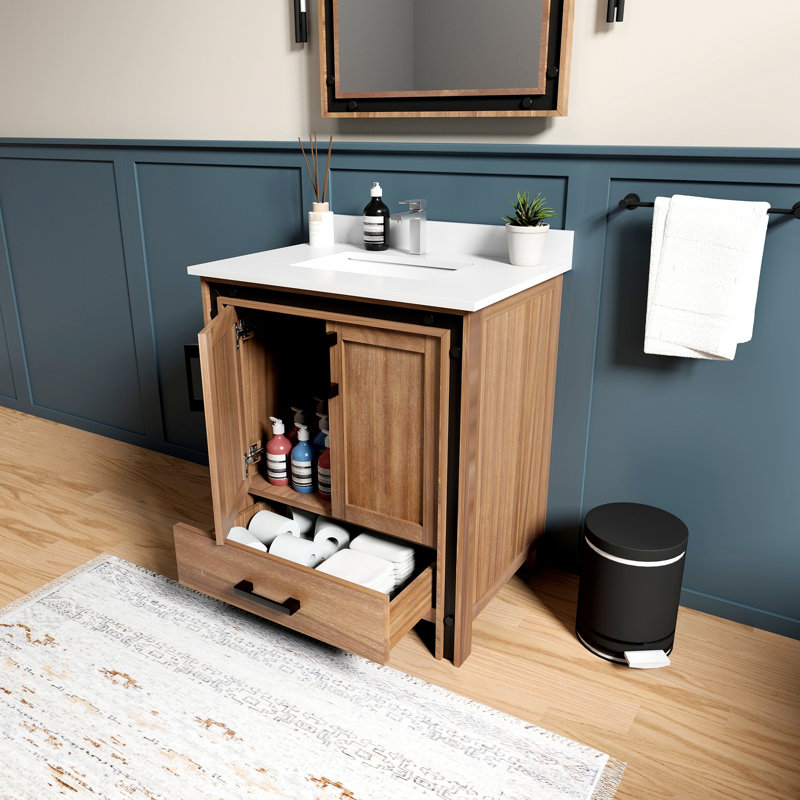 Meuble-lavabo 30 po Barnwood X P 22 po P, comptoir en quartz et Miroir, Brun rustique