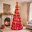 Arbre de Noël artificiel rouge de 1,80 m, pré-illuminé et pliable, avec décorations et ruban.-378613606-378988462