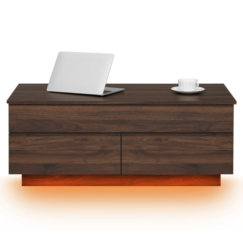 Table basse à plateau relevable avec 2 tiroirs et lumière DEL intelligente, Noyer