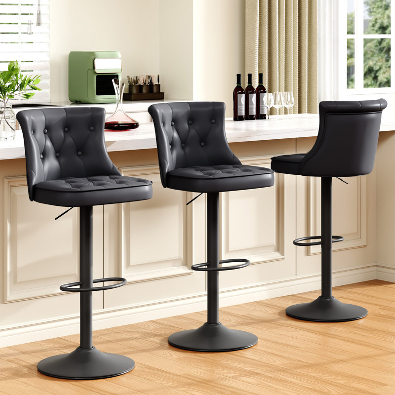 Swivel Adjustable Height Bar Stool with Backs & Wide Seat Cushion (Set of 3), Black, 3