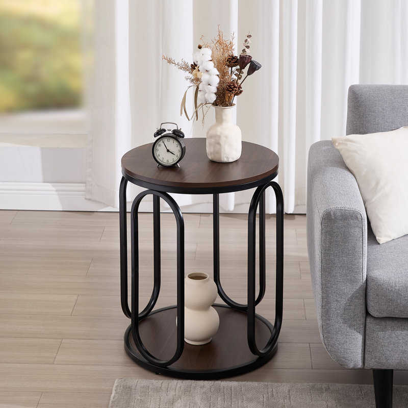 Carnforth 24.4"H Round End Table with Storage, Espresso Wood