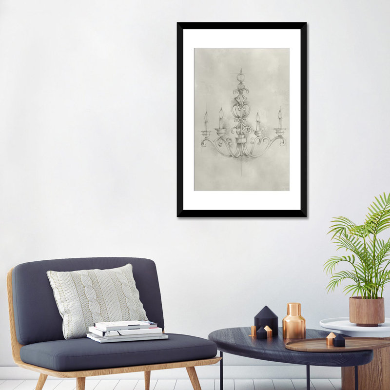 «Chandelier Schématique III», impression sur toile, H 26 po x l 18 po x P 1,5 po, Toile avec cadre noir, Pas de tapis