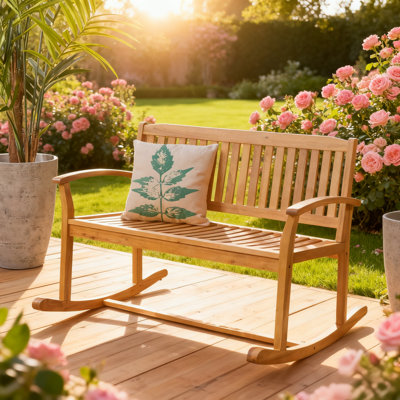 Causeuse de patio à bascule en bois d'acacia naturel - Banc à 2 places pour l'extérieur avec accoudoirs et siège à lattes, largeur 49,5 po