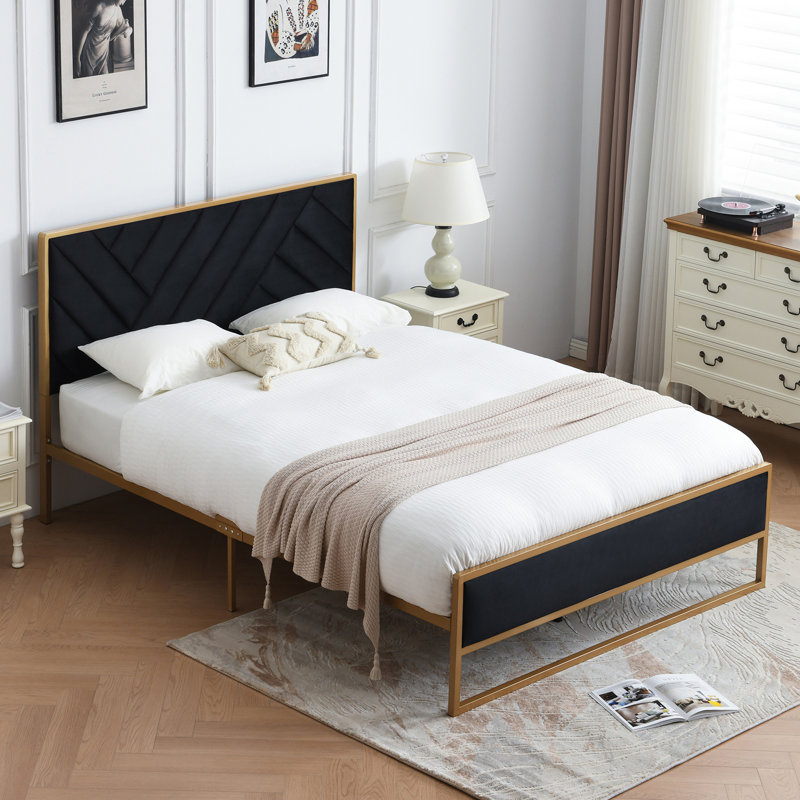 Sheila Upholstered Platform Bed with Velvet Tufted Headboard, Queen, Black