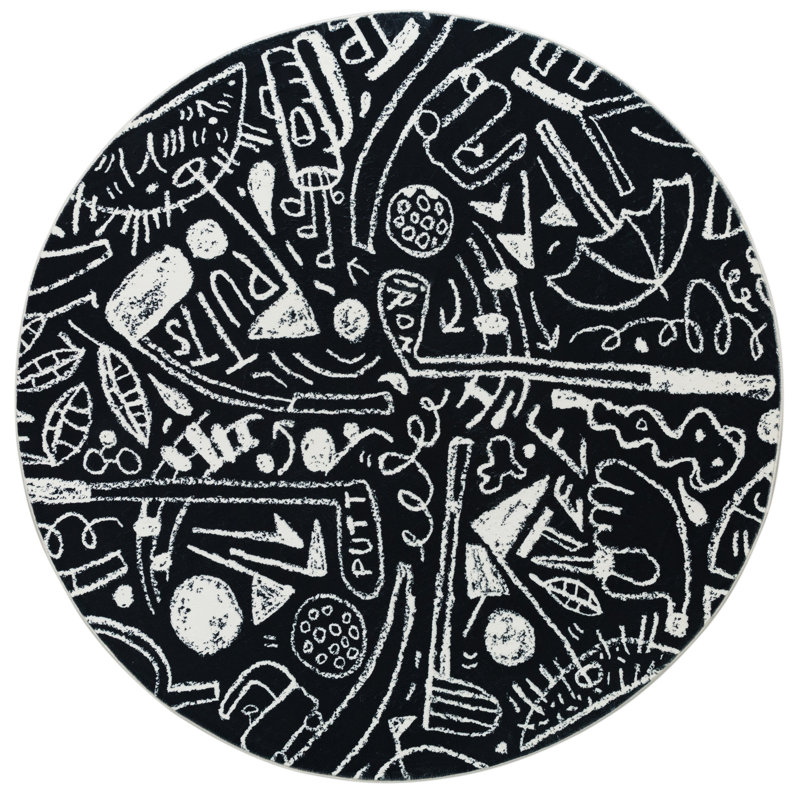 Sportsglyphs Golf Black Power Loom Polyester Area Rug, Black, Round 6'