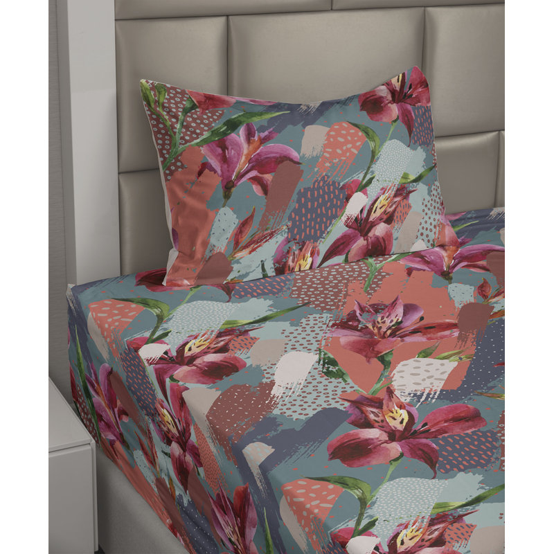 Ambesonne Watercolor Botany Sheet Set 4 Pcs Retro Boho Bloom, Twin Sheet Set with 1 Pillowcase, Dark Pink Coral Indigo Floral
