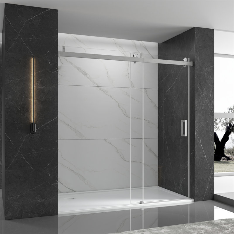 72" W x 76" H Frameless Reversible Glass Shower Door With 10 mm Tempered Glass, Brushed
