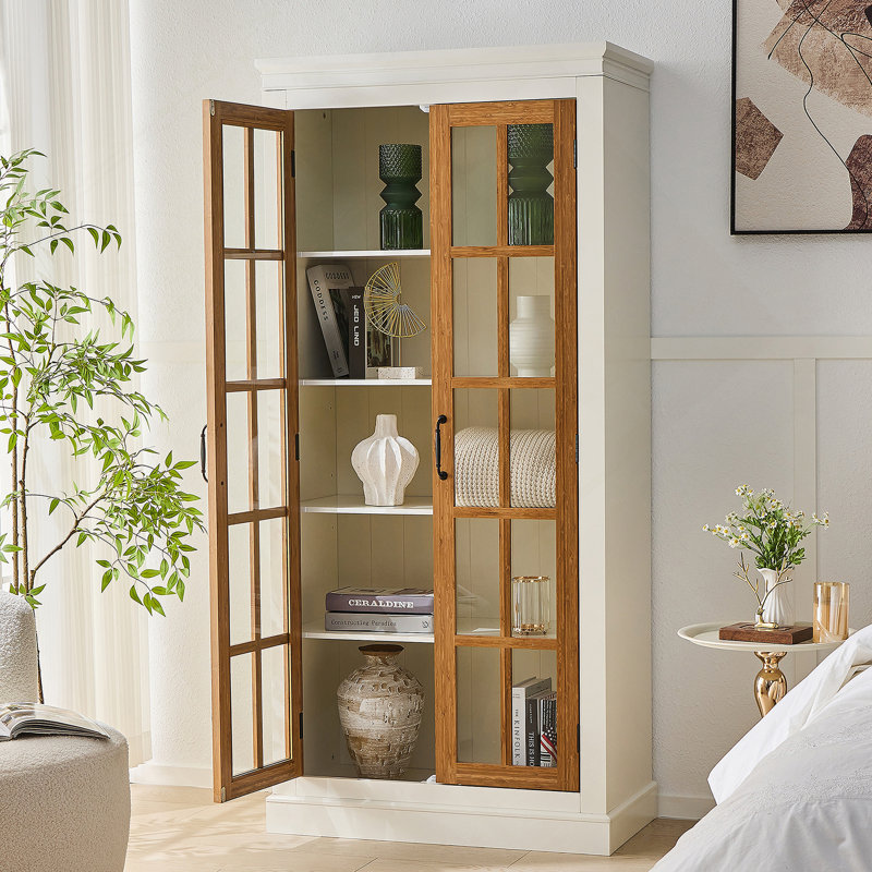 71.2'' Tall Display Cabinet With Glass Doors, Rustic Style China Cabinet, Curio Cabinet For Collectibles Figures Trophies, For Hallways Living Room, Kitchen, Home, Studio Or Workspace - White & Brown