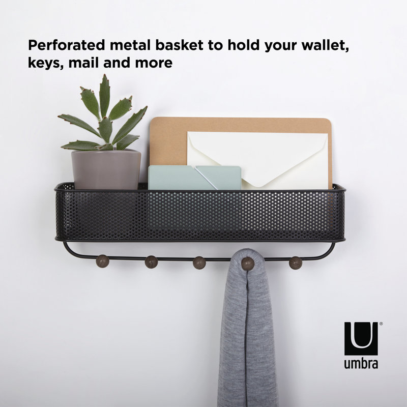Black Metal and Walnut Entryway Organizer with Hooks