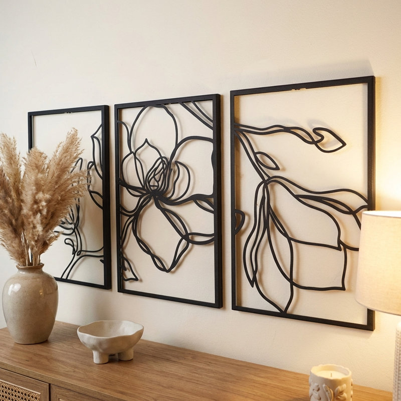 Metal Floral Wall Decor Set - 3 Piece Wall Art, Black, 27" H x 54" W x 1" D