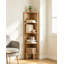 Étagère de coin à cinq niveaux avec rangement intégré, présentoir mural d'angle pour salon, chambre et bureau, finition chêne robuste