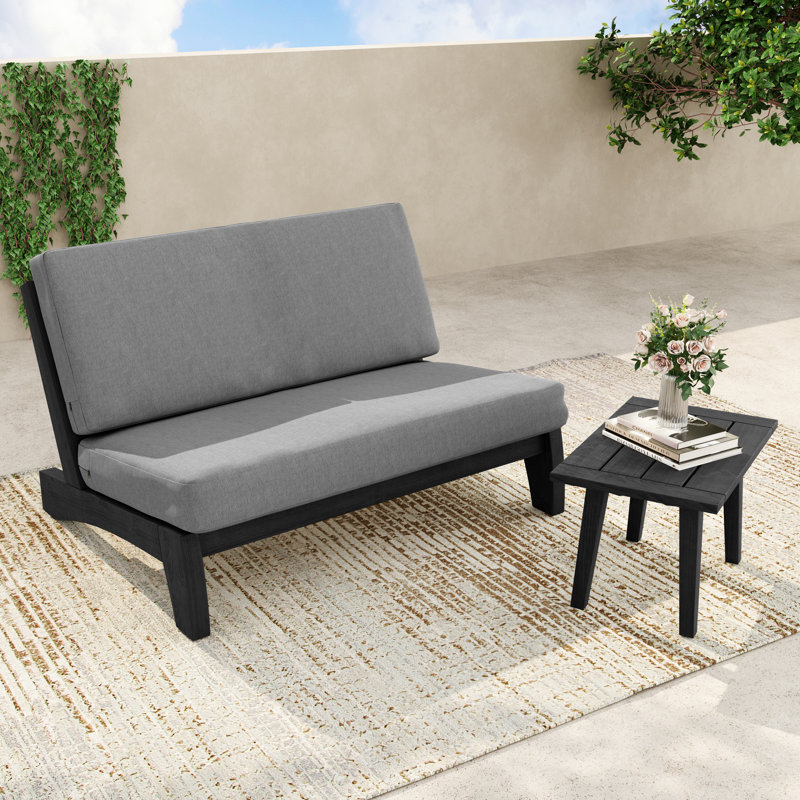 Calia Comfort Loveseat with Soft Cushions and Wood table Outdoor Set, Gray, Black