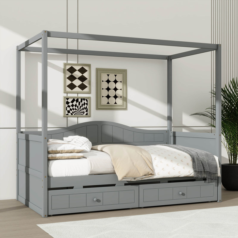 Lit à baldaquin simple avec deux tiroirs, structure de lit plateforme en bois, Gris