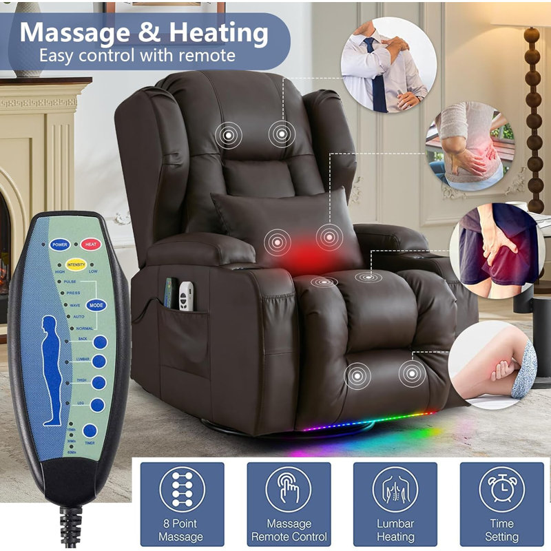Brown Faux Leather Swivel Recliner with Massage and LED Lights