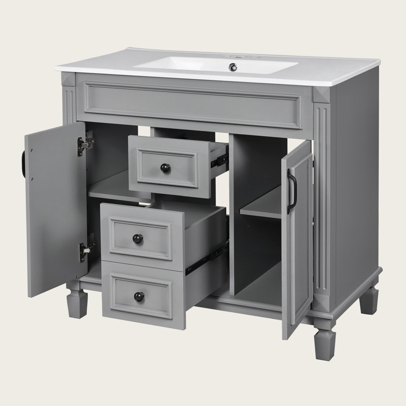 Meuble-lavabo sur pied 36 po avec lavabo supérieur, meuble-lavabo simple moderne avec 2 portes à fermeture douce et 2 tiroirs