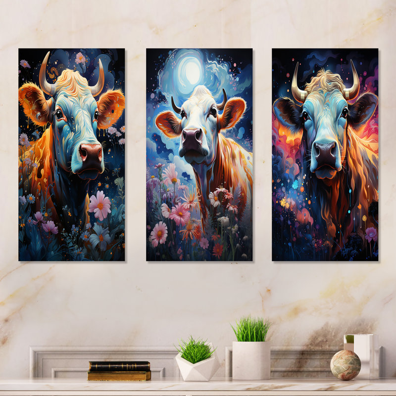 Vache fantastique dans un pays enchanté - ensemble de 3 pièces d'art mural en métal, H 32 po x l 48 po