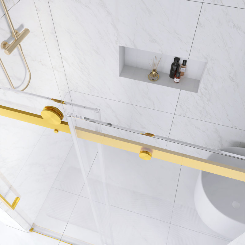 56 In. -60 In. W × 76  In. H Frameless Single Sliding Shower Door With 1/4"Clear  Tempered Glass In Brushed Gold  |  Explosion Proof Film |  Square Tube Track | Stainless Steel Handle