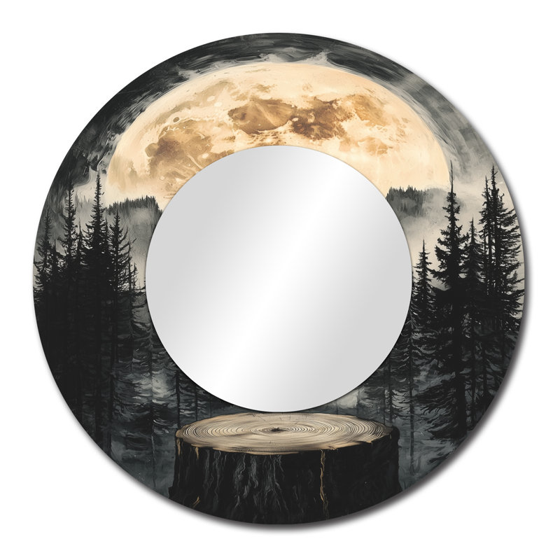 Lune au-dessus de la forêt de pierre onyx I - miroir astronomique pour décoration murale - imprimé sur métal, 29 po x 29 po