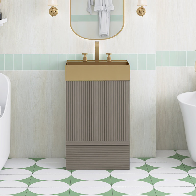 Meuble-lavabo autoportant de 20,1 po avec plateau en acier inoxydable, Beige gris