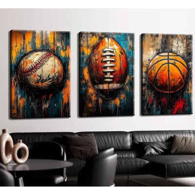 3 pièces Graffiti Sports toile Art mural rétro Basketball Football Baseball affiches impressions colorées Street Pop Art peinture photos Sports décoration murale pour garçons chambre encadrée