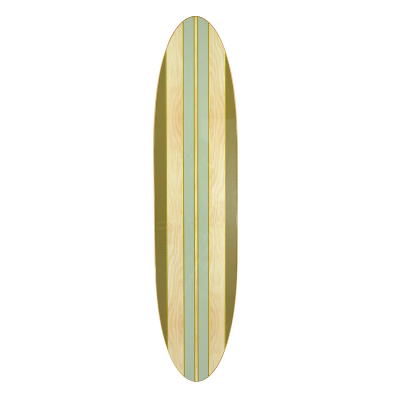 Lacquered Wood Surfboard Wall Decor with Stripes, Green