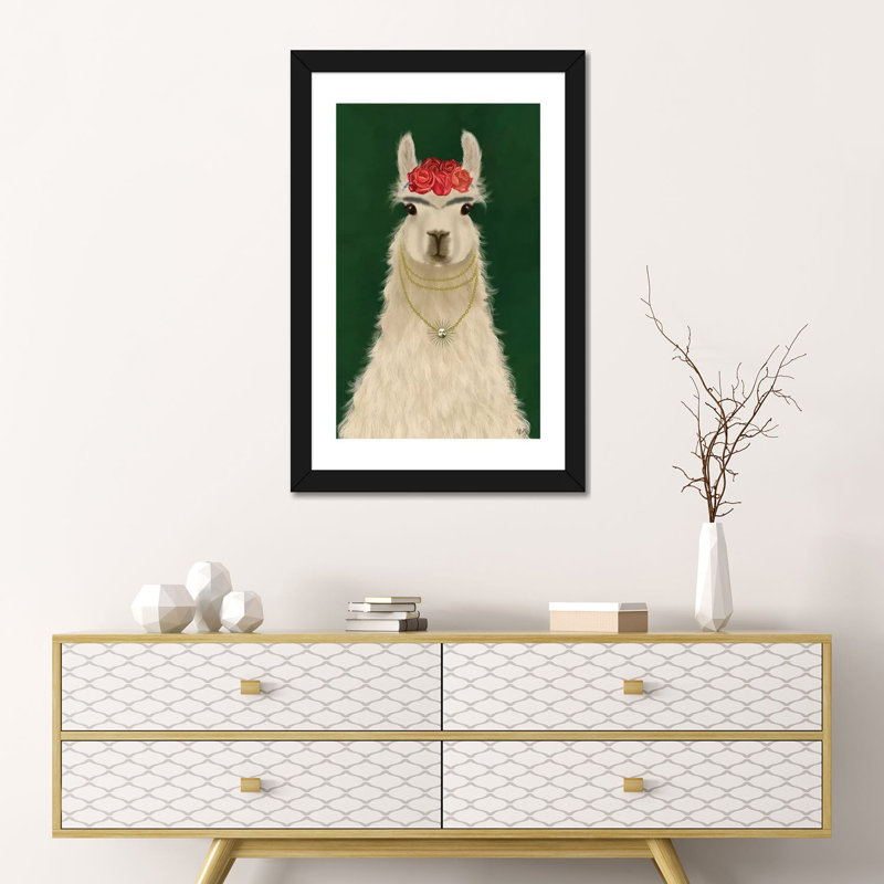 " Llama F " by Fab Funky, White, 24" H x 16" W x 1" D, Black Framed Paper