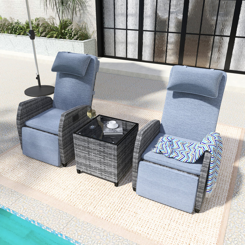 Ensemble de méridienne pour 2 personnes en osier avec table basse, Gris