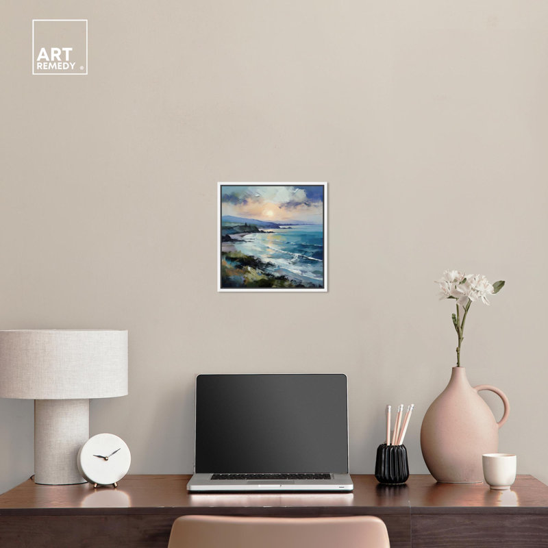 Blue and White Coastal Abstract Canvas Print with White Frame