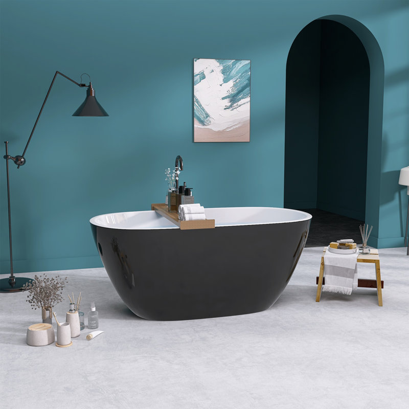 55" Freestanding Soaking Acrylic Bathtub Contemporary Free Standing Bath Tub Modern Stand Alone Tub, Gloss Black