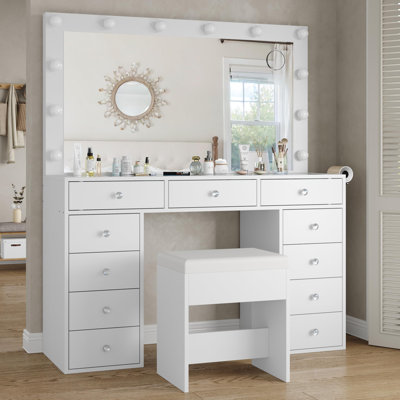 Pisklo Vanity desk & Power Outl, Makeup Vanity with Mirror and 12 LED Lights, Makeup Table with 11 Drawers, Vanity Table with Chair，Vanity Set 3 Lighting Modes Brightness Adjustable-(White)