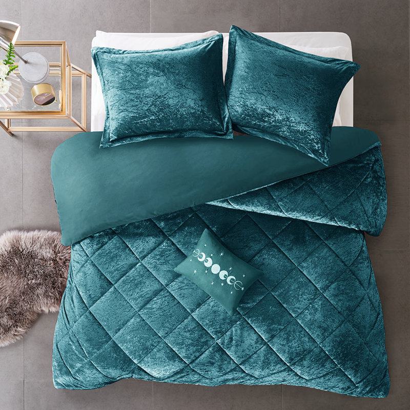 Lit simple / simple TG en velours bleu sarcelle - Housse de couette, taie décorative et housse de coussin pour un sommeil confortable