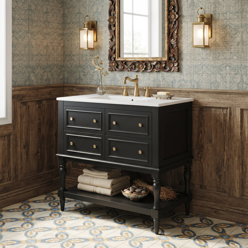 Ensemble de meuble-lavabo autoportant 36 po avec comptoir en céramique 36 po, Noir