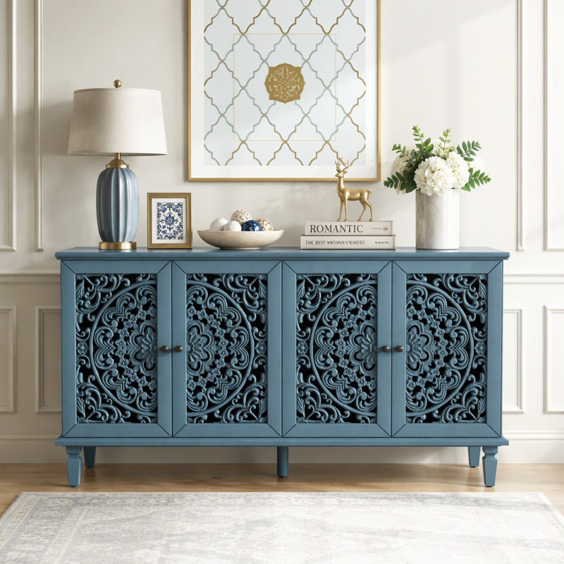 Buffet antique avec sculptures florales, pieds en bois massif, tablettes réglables, idéal comme meuble télé et buffet pour diverses pièces