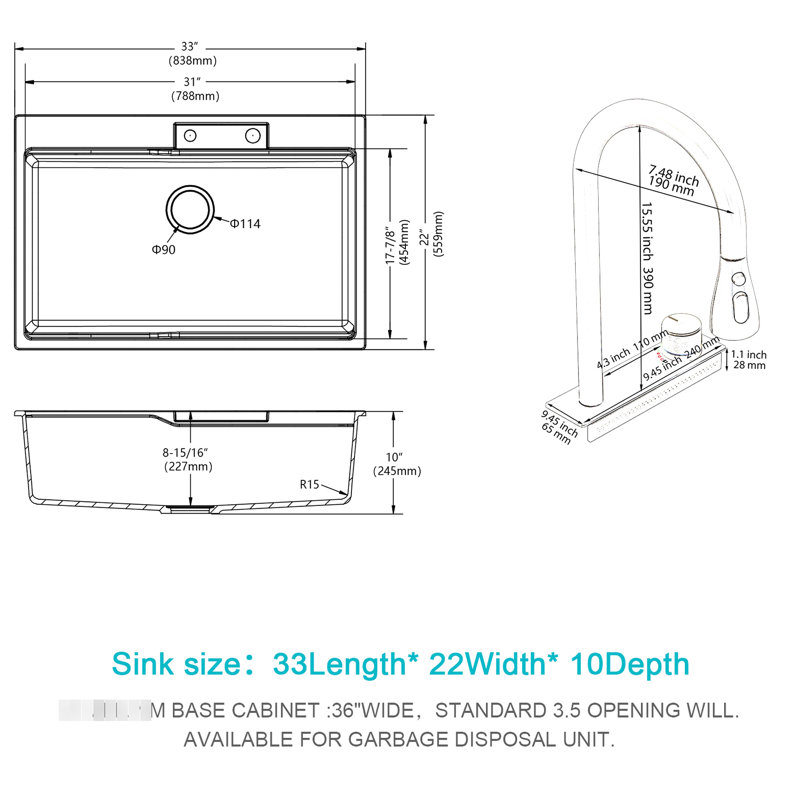 Évier de cuisine encastré avec effet cascade 33 x 22 po - Composite de quartz blanc, poste de travail avec robinet extractible et divers accessoires pour composites variés