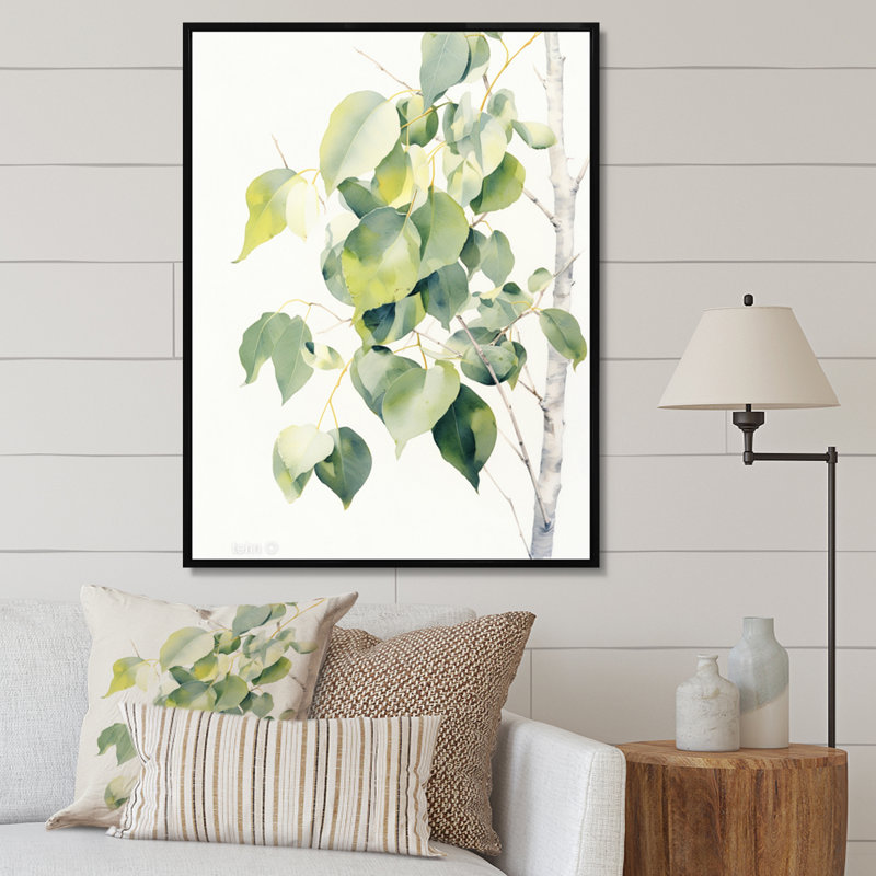 «White Green Minimalisme Eucalyptus Essence» sur toile, Cadre flottant noir, H 32 po x l 16 po x P 1,5 po